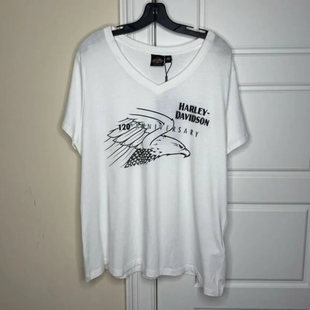 Harley Davidson Women's V Neck White Shirt 120th‎ Anniversary Large Eagle Design